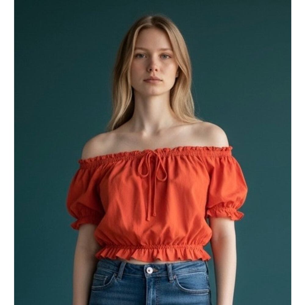 H&M Off the Shoulder Midriff Shirt in Terracotta, Women's S, Crop Top Cap Sleeve